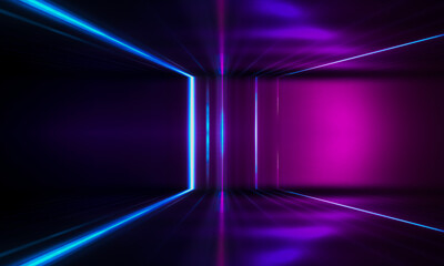 Ultraviolet futuristic abstract light. light laser line. Violet and pink gradient. Modern background, neon light. Empty stage, spotlights, neon. Reflection on the water, symmetry.