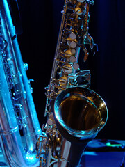 Set of instruments on the stage. Saxophones. Ready for concert or performance in the club.