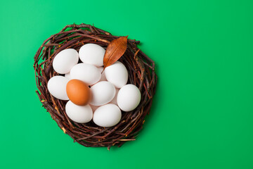 Bird nest with eggs isolated on green box background, top view, for copy space and product placement.
