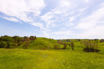 Spring photography, meadows, fields, ravines, hills, rural landscape. A deep, narrow gorge with steep slopes. A naturally raised area of land, not as high or craggy as a mountain.