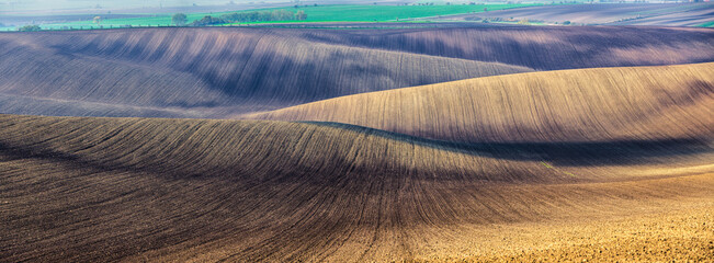 Wavy abstract colored agricultural landscape in panorama view in Moravian Tuscany in Czech republic.