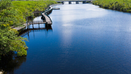Low aerial view of the boardwalk on the St Lucie River in Port St Lucie Florida