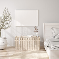 Mockup frame in white cozy bedroom interior background, 3d render