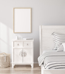 Mockup frame in white cozy bedroom interior background, 3d render