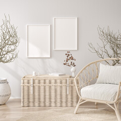 Mockup frame in white cozy living room interior background, 3d render