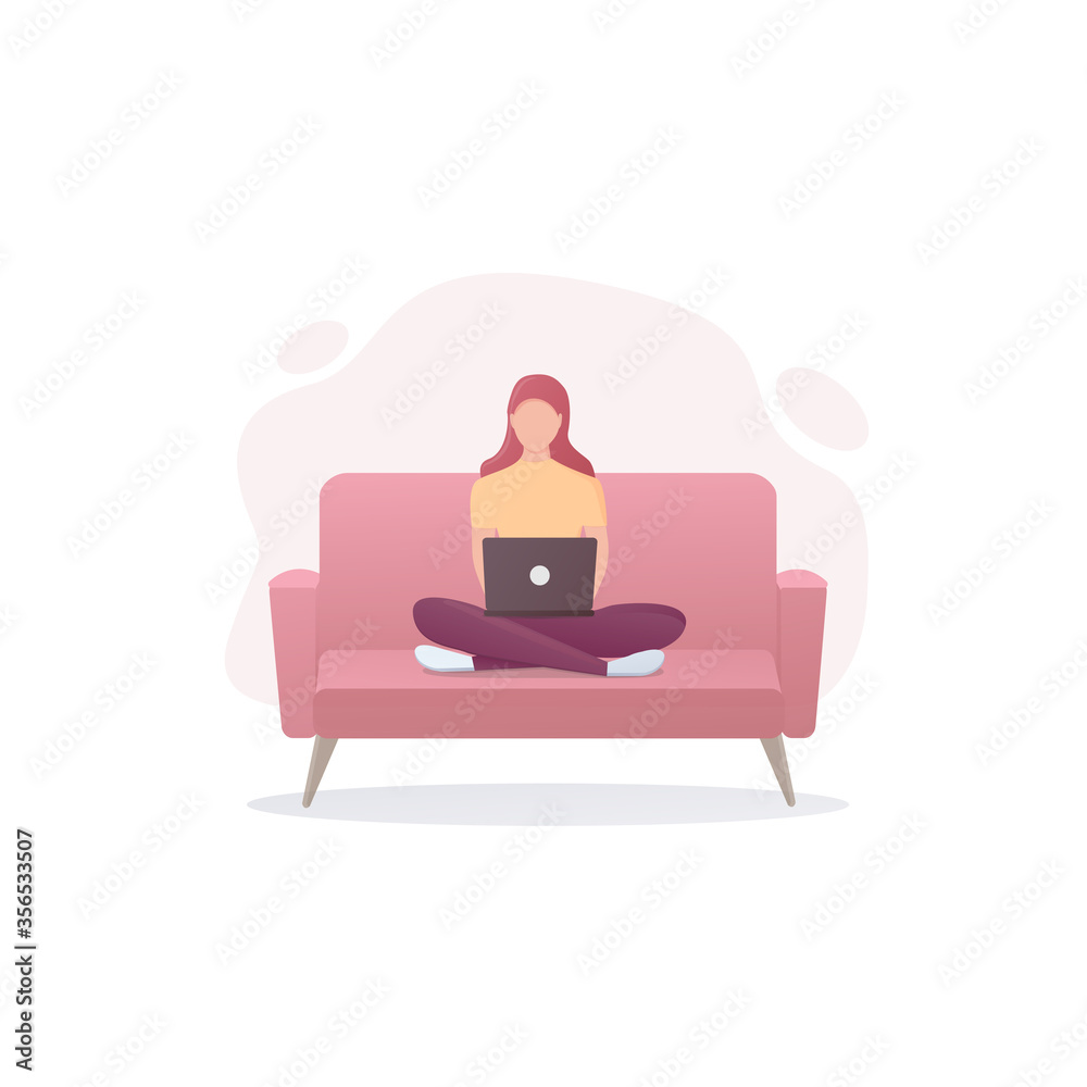 Sticker Work and study at home. Flat illustration of workplace. A girl with a laptop works sitting on the sofa. Isolated on white background. 