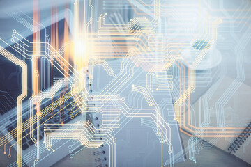 Double exposure of woman hands working on computer and world map hologram drawing. International technology business concept.