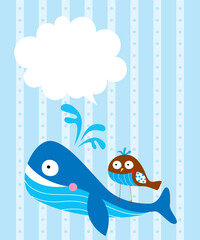 cute whale and bird greeting card vector