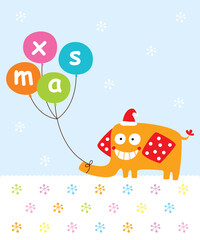 Naklejka premium cute elephant with balloon merry christmas greeting card vector