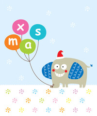 cute elephant with balloon merry christmas greeting card vector