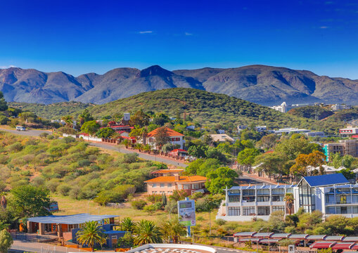 Skyline of Namibia's capital Windhoek with a cloudy sky