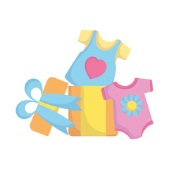 baby shower, bodysuits clothes in gift box, announce newborn welcome card