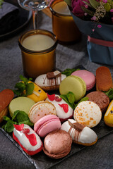 Top view of tasty colorful traditional french desserts