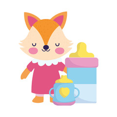 baby shower, cute fox with bottle feed and cup, announce newborn welcome card