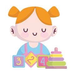 baby shower, cute little girl with blocks and pyramid cartoon, announce newborn welcome card