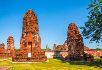 Pagoda at Ayutthaya Historical Park on a Sunny Day in Ayutthaya Province, Thailand. Architecture of Old Thai Capital City.