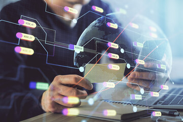 Multi exposure of man's hands holding and using a digital device and map drawing. International business concept.