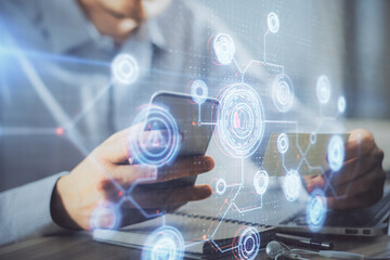 Multi exposure of man's hands holding and using a digital device and data theme drawing. Innovation concept.