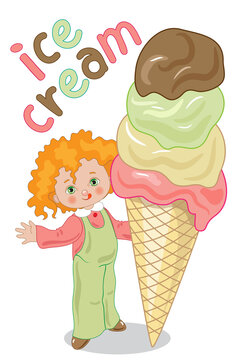 Big ice cream cone with a greedy and happy child