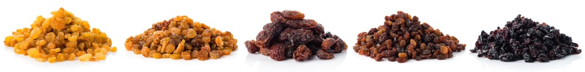 Collection of various raisins isolated on white background