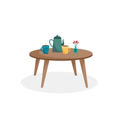 Table and tea set, flowers in vase. green teapot with colorful cups on the table. Cozy tea time. Flat cartoon style. Vector illustration	