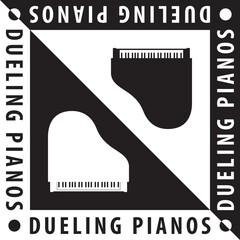 Dueling Pianos Logo Creative Concept with Two Grand Pianos Composition and Text - Black and White Elements on Reverse Background - Yin Yang Design Graphic Silhouette