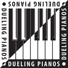 Dueling Pianos American English Concept with Keys Inverted over Natural Yin Yang Style Composition and Logo Lettering- Black Elements on White Background - Contrast Graphic Design