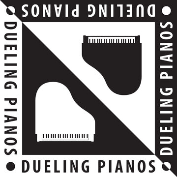 Dueling Pianos Logo Creative Concept with Two Grand Pianos Composition and Text - Black and White Elements on Reverse Background - Yin Yang Design Graphic Silhouette
