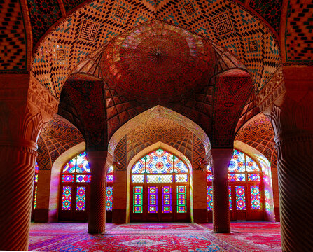 Windows of the Pink Mosque properly called Nasirolmolk Mosque in Shiraz, Iran