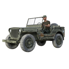 Fototapeta premium 3D rendered Soldier Driving Military Vehicle On White Background - 3D Illustration