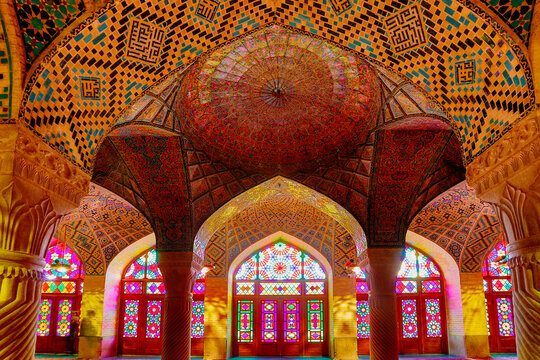 Windows of the Pink Mosque properly called Nasirolmolk Mosque in Shiraz, Iran