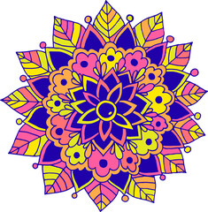 Floral doodle boho mandala with leaves. Colorful  line drawing. Spiritual art. Meditative antistress floral element for design. Vector illustration