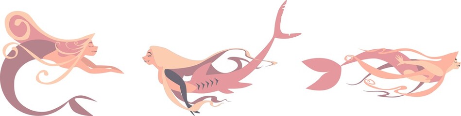 Pink mermaid vector illustration set