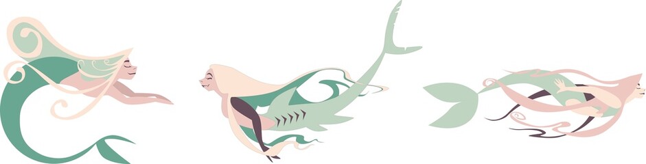 Green mermaid vector illustration set