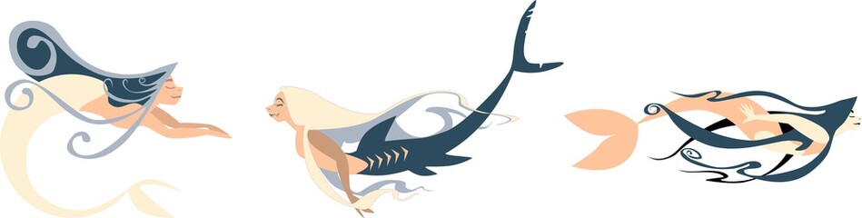 Obraz premium Blue mermaid vector illustration set