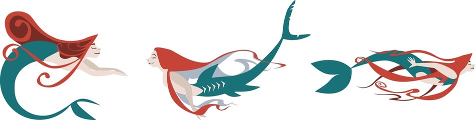 Green mermaid vector illustration set