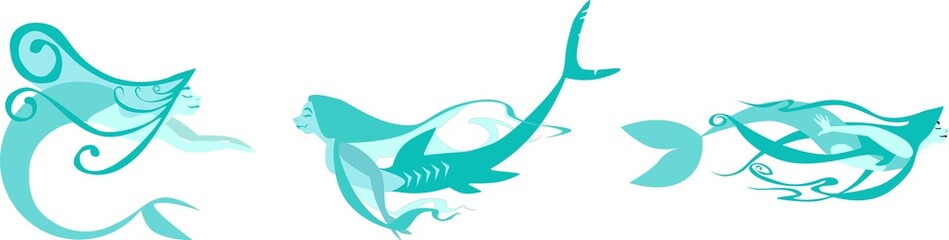 Cyan mermaid vector illustration set