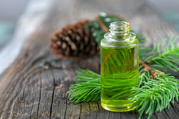 A bottle of pine essential oil with fresh pine twigs on a wooden background