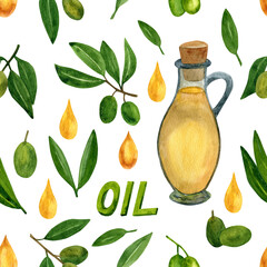 Olives seamless pattern with olive branches and fruits for Italian cuisine design or extra virgin oil food or cosmetic product packaging wrapper. Hand drawn Illustration in watercolor.