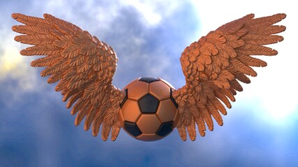 Fototapeta na wymiar Black-Orange soccer ball with the red Wings under sun set background. 3D illustration. 3D high quality rendering.