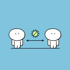 Coronavirus safe distance. Cute men and virus sign. Covid-19 pandemic control and infection prevention cartoon vector illustration.