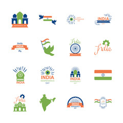 Fototapeta premium india map and india independence day icon set, flat style
