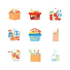 shopping baskets and grocery products icon set, detailed style