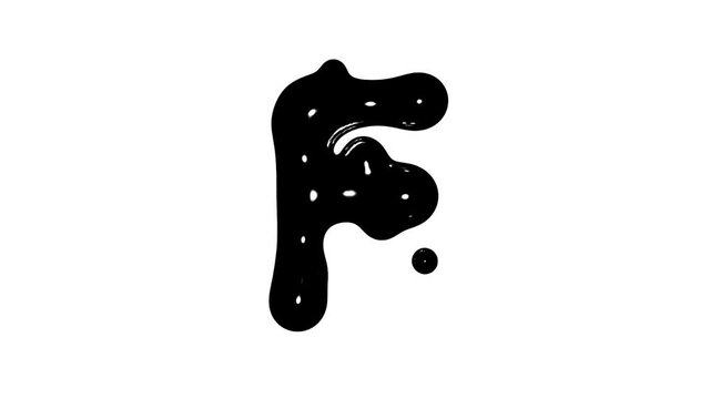 Animation of letter F isolated on white background, black and white liquid gloppy style
