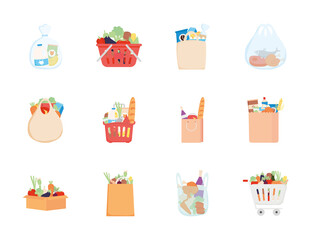supermarket bags with food icon set, detailed style