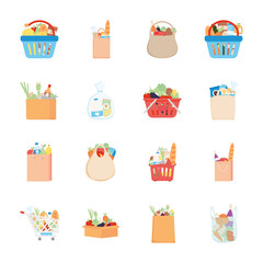 eco bags and supermarket bags with food, detailed style