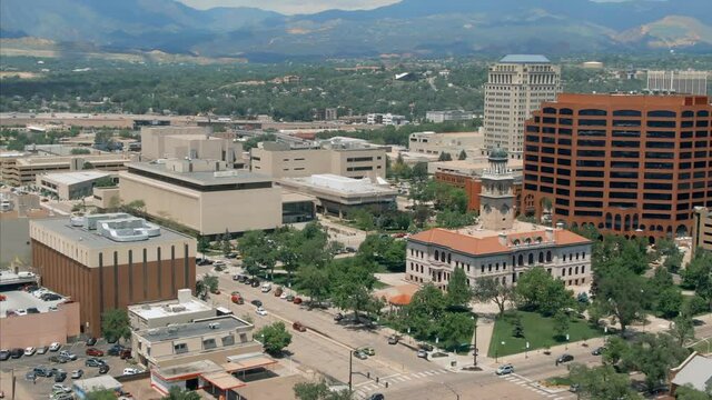 Aerial: downtown Colorado Springs and street traffic. Colorado, USA