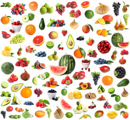 Set of fresh ripe fruits and berries on white background