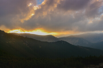 Obraz premium Beautiful sunset view of landscape of mountains, forest and meadows in the Carpathians in sunny cloudy weather