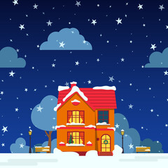 Winter night street with house, snow trees, bush, clouds, lantern flat cartoon congratulation card. Merry Christmas and Happy New Year holiday banner. Suburban landscape Decorative vector illustration
